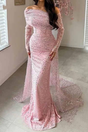 Off-Shoulder Long Sleeves Mermaid Formal Evening Dress  P1027