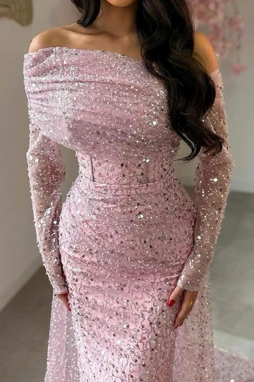 Off-Shoulder Long Sleeves Mermaid Formal Evening Dress  P1027