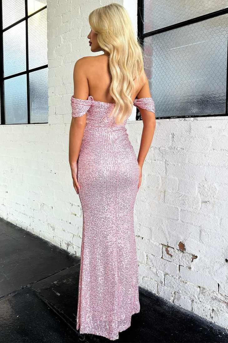 Off-Shoulder Pink Sequins Pleats Fitted Long Evening Prom Dress  P2588
