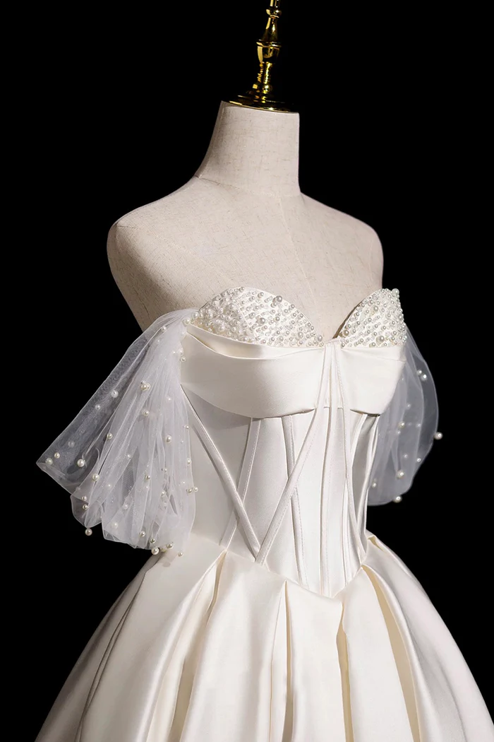 Off Shoulder Ivory Satin Wedding Dress For Bridal Beaded Corset Tulle Prom Dress   P645