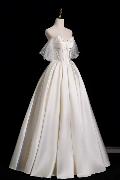 Off Shoulder Ivory Satin Wedding Dress For Bridal Beaded Corset Tulle Prom Dress   P645
