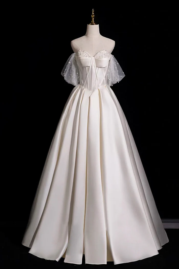 Off Shoulder Ivory Satin Wedding Dress For Bridal Beaded Corset Tulle Prom Dress   P645