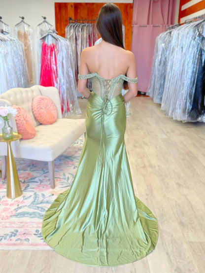 Off Shoulder Mermaid Satin Beaded Long Prom Dresses With Slit  P2557