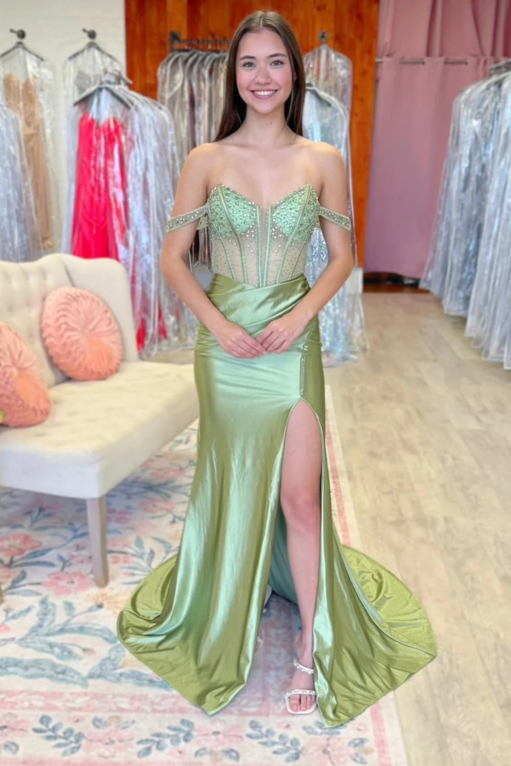 Off Shoulder Mermaid Satin Beaded Long Prom Dresses With Slit  P2557