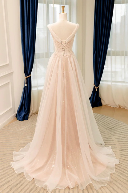Off Shoulder Tulle Prom Dress Champagne Floor-Length Formal Party Gown   P644