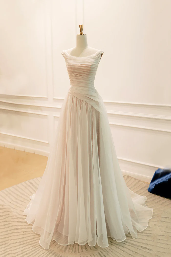 Off Shoulder Tulle Prom Dress Champagne Floor-Length Formal Party Gown   P644