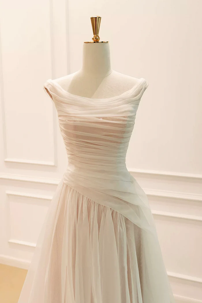 Off Shoulder Tulle Prom Dress Champagne Floor-Length Formal Party Gown   P644
