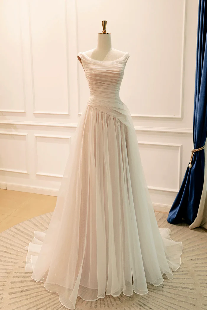 Off Shoulder Tulle Prom Dress Champagne Floor-Length Formal Party Gown   P644