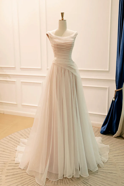 Off Shoulder Tulle Prom Dress Champagne Floor-Length Formal Party Gown   P644