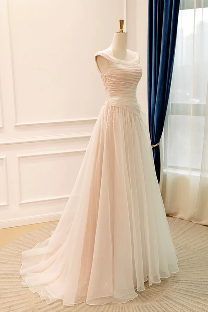Off Shoulder Tulle Prom Dress Champagne Floor-Length Formal Party Gown   P644
