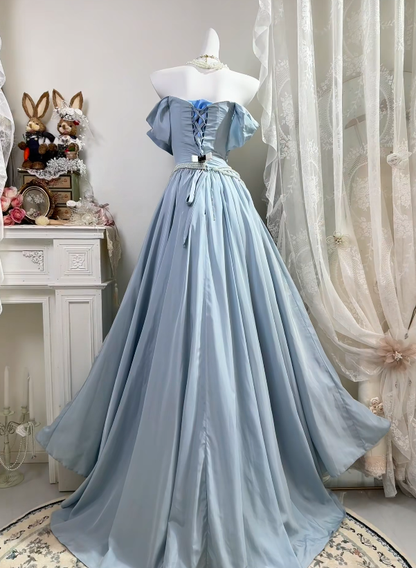Off The Shoulder A Line Blue Prom Dress With Bow Knot  P1836