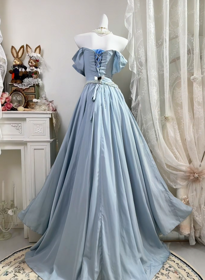 Off The Shoulder A Line Blue Prom Dress With Bow Knot  P1836