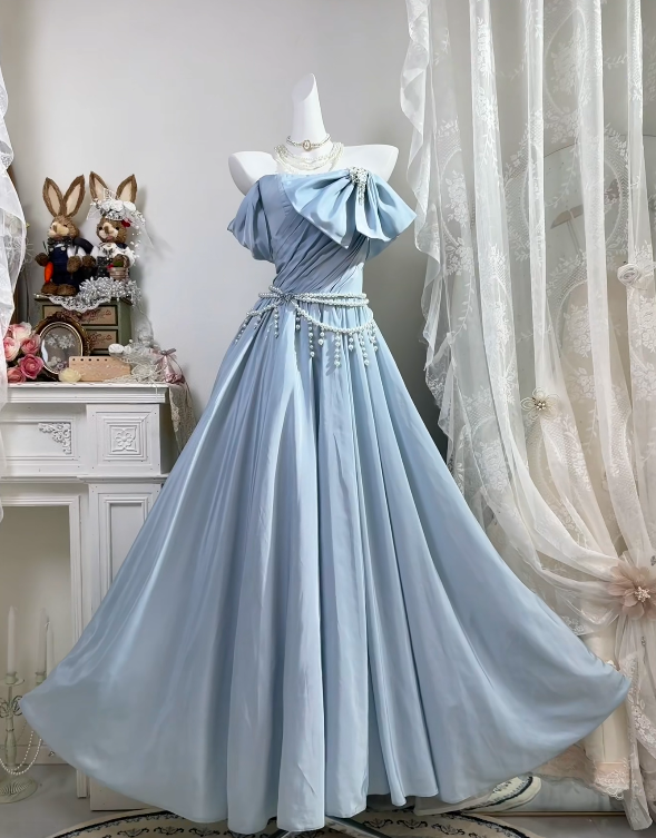 Off The Shoulder A Line Blue Prom Dress With Bow Knot  P1836