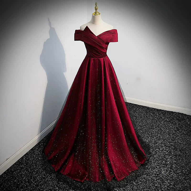 Off The Shoulder A Line Burgundy Prom Dress Formal Evening Dress  P1242