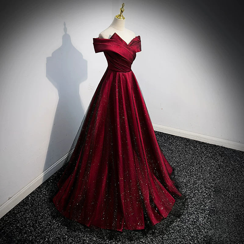 Off The Shoulder A Line Burgundy Prom Dress Formal Evening Dress  P1242
