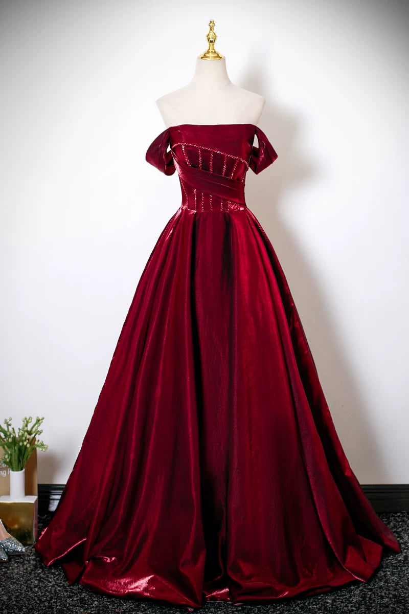 Off The Shoulder A Line Burgundy Prom Dress   P1273