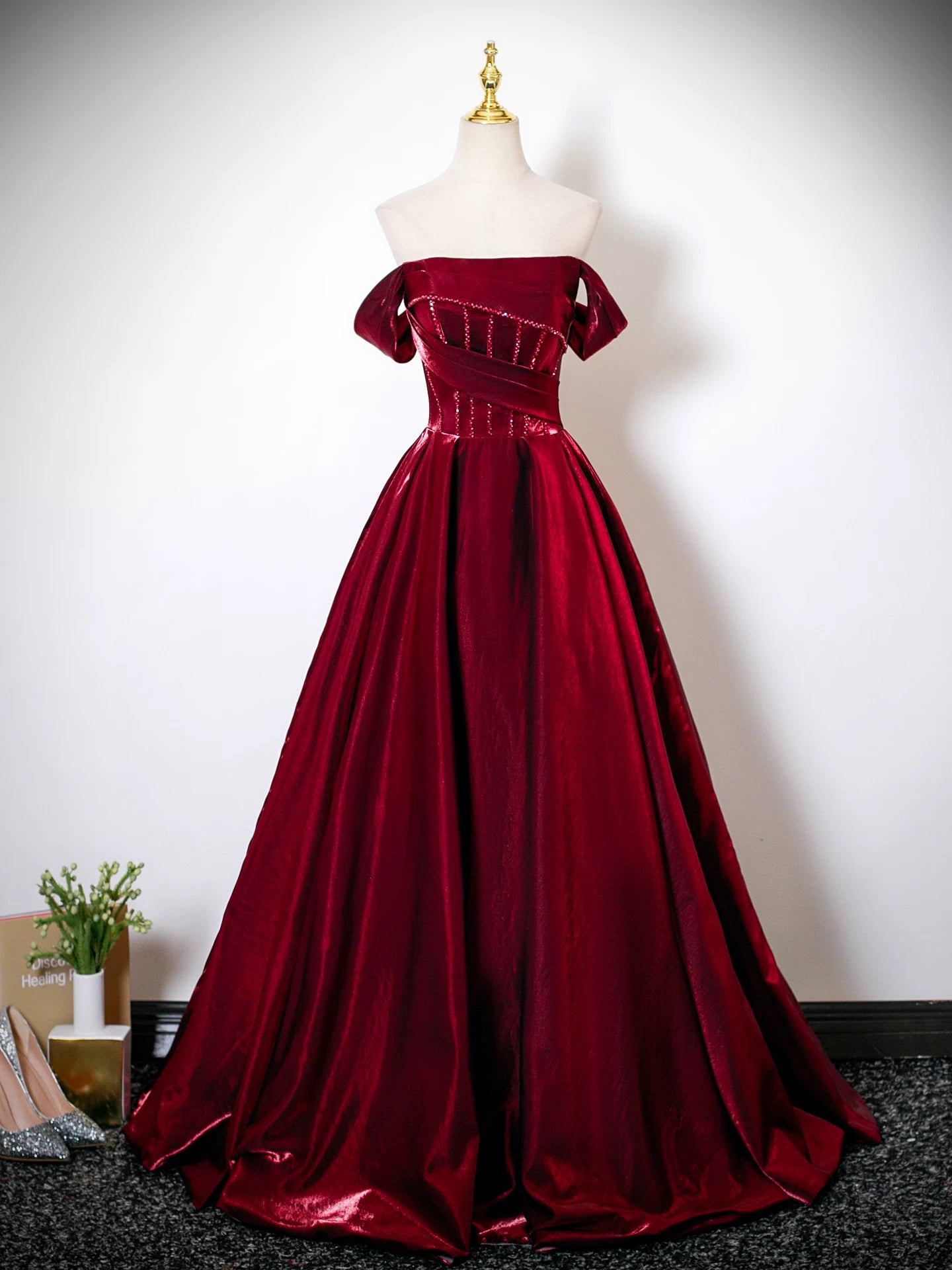 Off The Shoulder A Line Burgundy Prom Dress   P1273