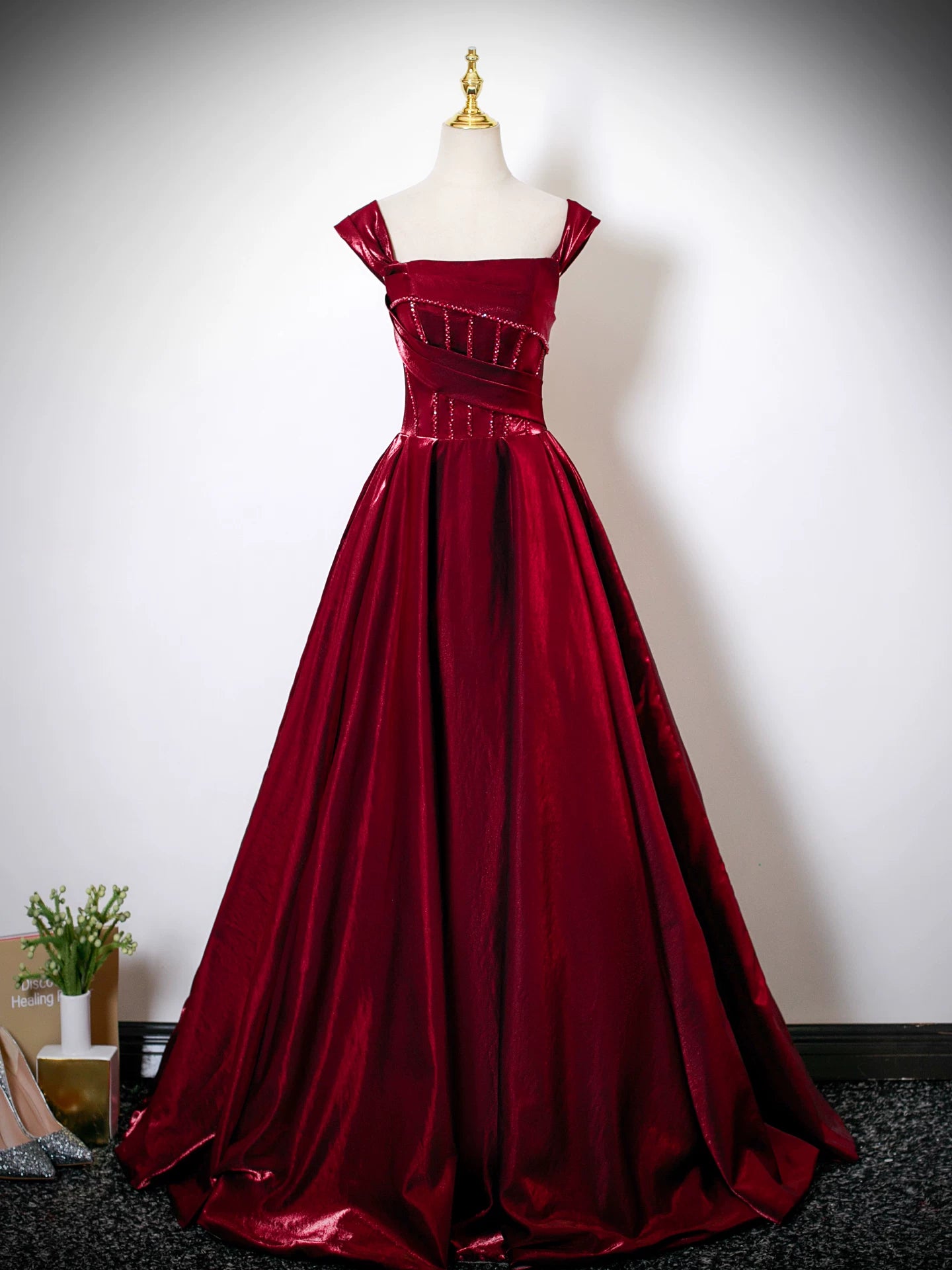Off The Shoulder A Line Burgundy Prom Dress   P1273