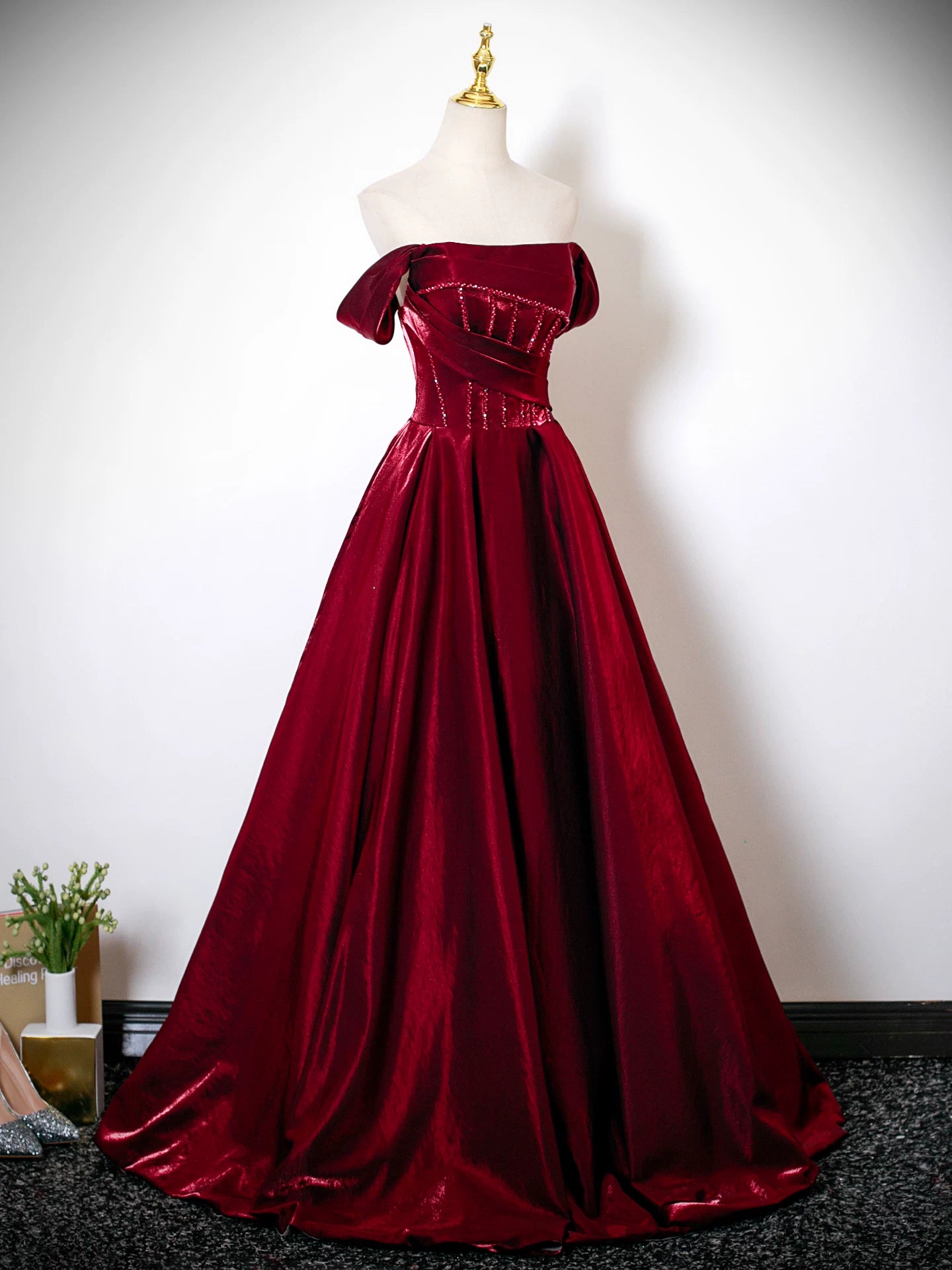 Off The Shoulder A Line Burgundy Prom Dress   P1273