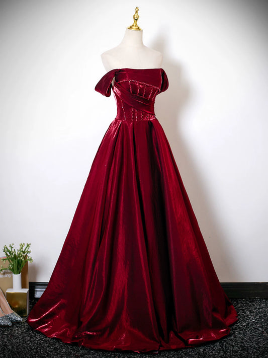 Off The Shoulder A Line Burgundy Prom Dress   P1273