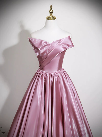 Off The Shoulder A Line Pink Satin Prom Dress with Bow  P1274