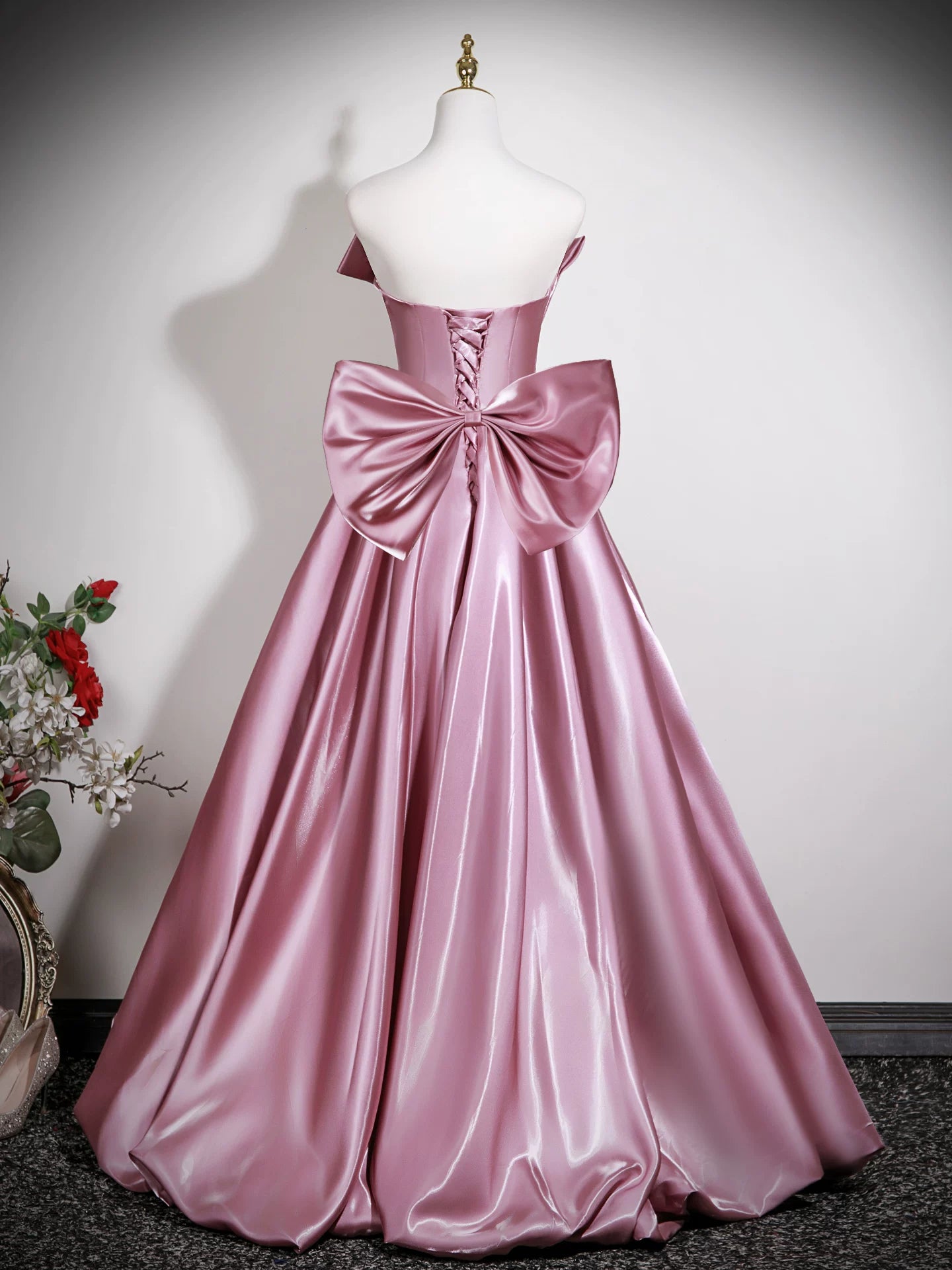 Off The Shoulder A Line Pink Satin Prom Dress with Bow  P1274