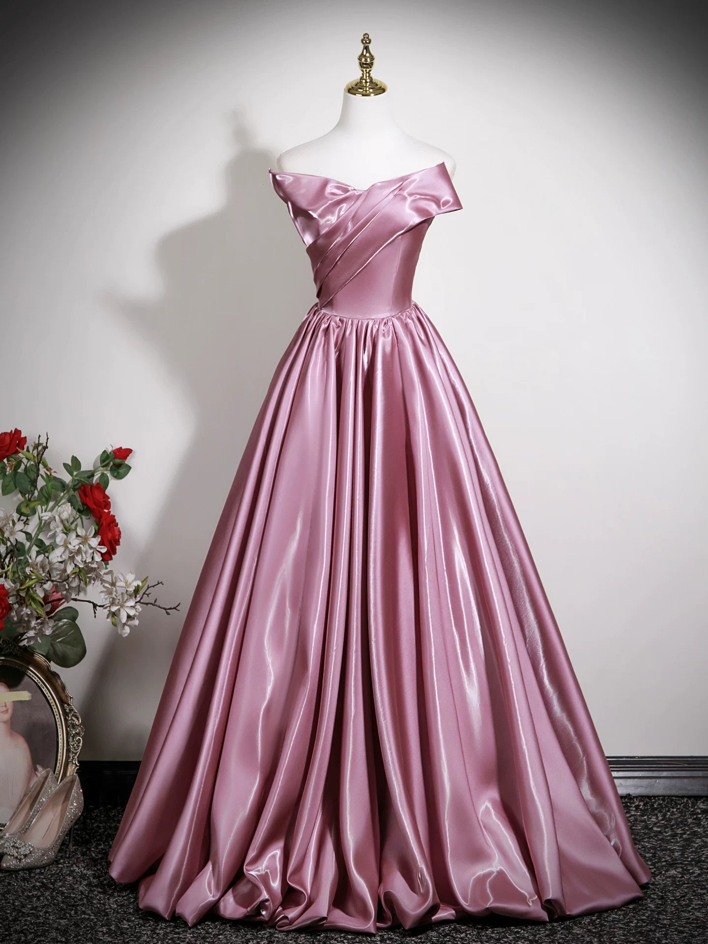 Off The Shoulder A Line Pink Satin Prom Dress with Bow  P1274
