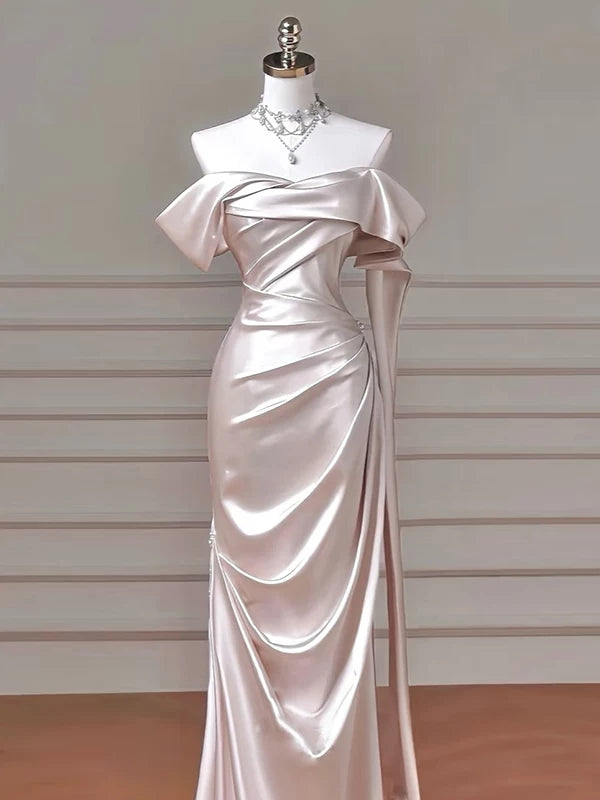 Off The Shoulder Baby Pink Satin Prom Dress Evening Gown  P621