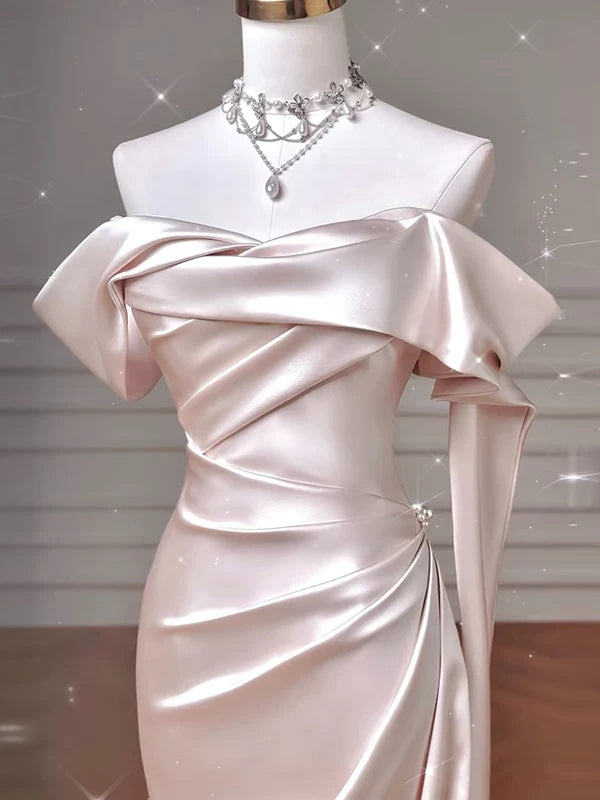 Off The Shoulder Baby Pink Satin Prom Dress Evening Gown  P621