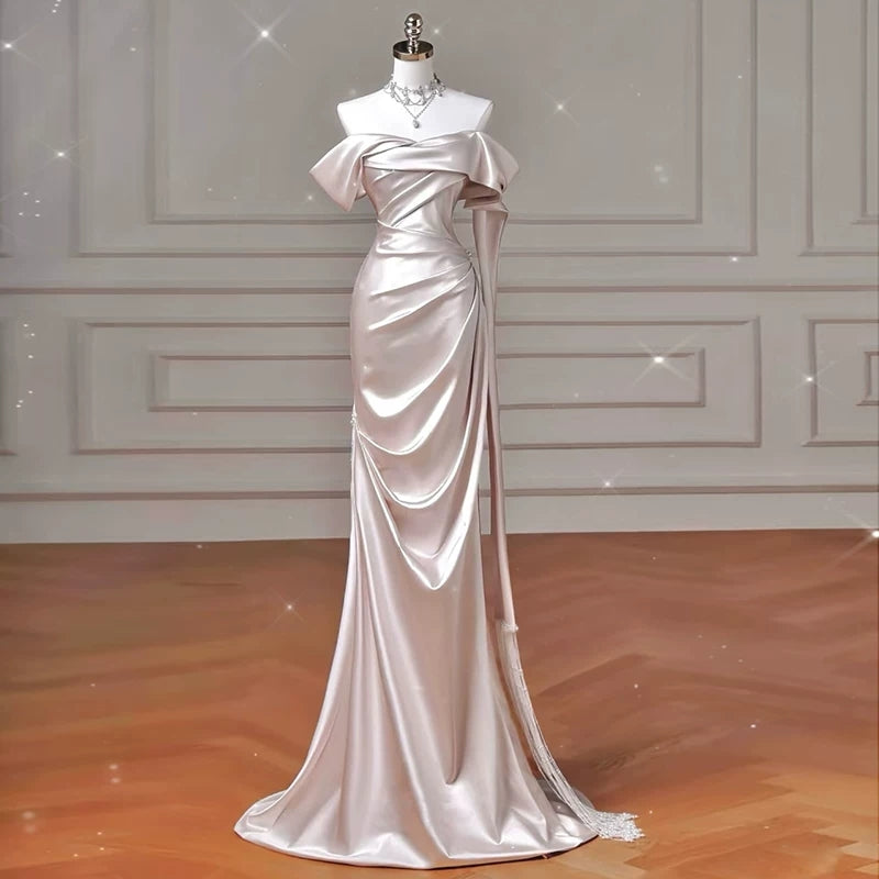 Off The Shoulder Baby Pink Satin Prom Dress Evening Gown  P621