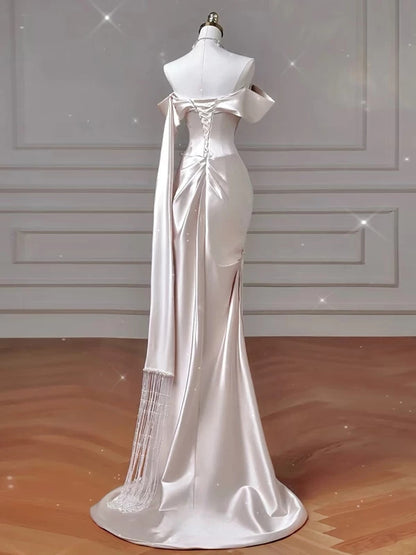 Off The Shoulder Baby Pink Satin Prom Dress Evening Gown  P621