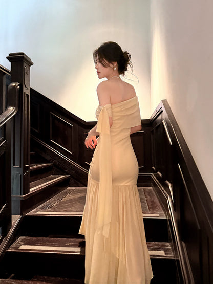 Off The Shoulder Beige Sheath Prom Dress Chiffon Wedding Guest Dress P1624