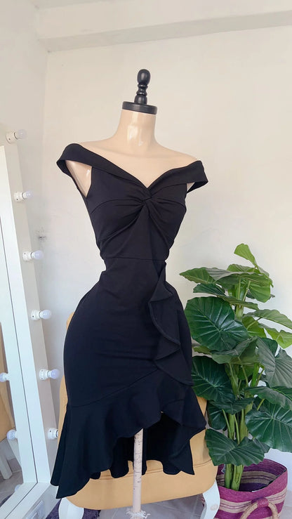 Off The Shoulder Black Ruffled Evening Dress  P1350