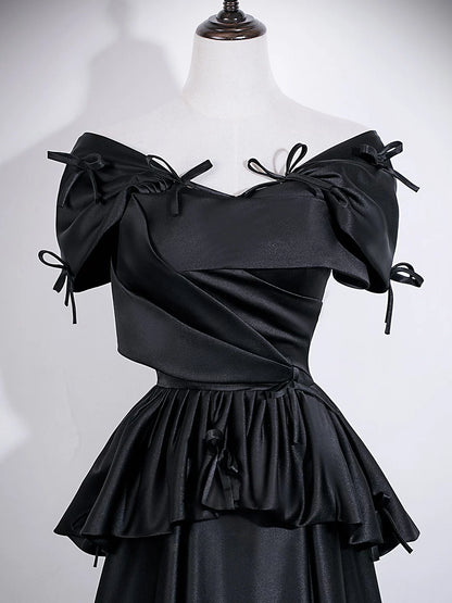 Off The Shoulder Black Satin Birthday Dress Formal Evening Gown  P2716
