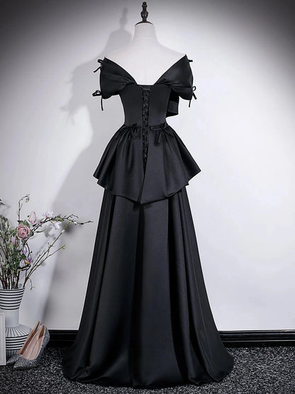 Off The Shoulder Black Satin Birthday Dress Formal Evening Gown  P2716