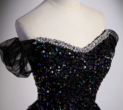 Off The Shoulder Black  Sequin Prom Dress A Line Formal Evening Gown  P1265