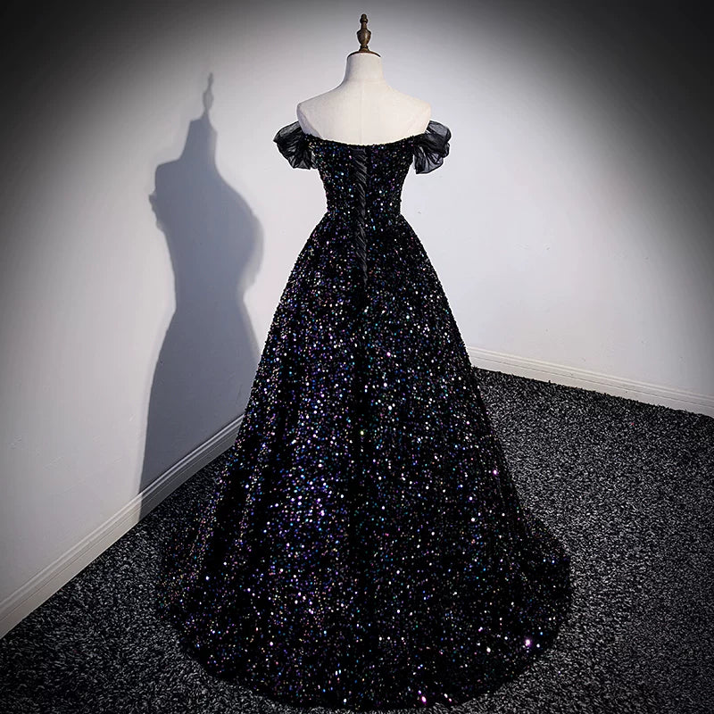 Off The Shoulder Black  Sequin Prom Dress A Line Formal Evening Gown  P1265