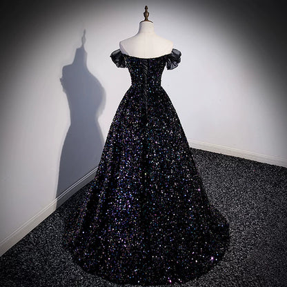 Off The Shoulder Black  Sequin Prom Dress A Line Formal Evening Gown  P1265
