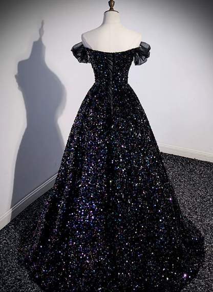 Off The Shoulder Black  Sequin Prom Dress A Line Formal Evening Gown  P1265