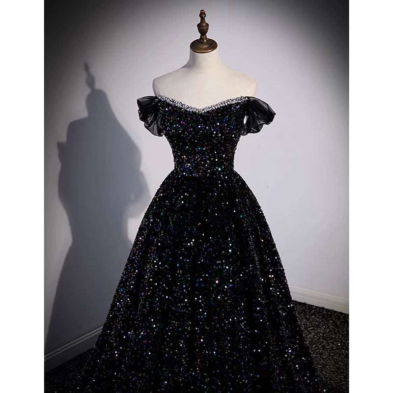 Off The Shoulder Black  Sequin Prom Dress A Line Formal Evening Gown  P1265