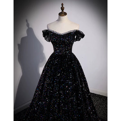 Off The Shoulder Black  Sequin Prom Dress A Line Formal Evening Gown  P1265