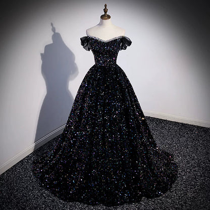 Off The Shoulder Black  Sequin Prom Dress A Line Formal Evening Gown  P1265