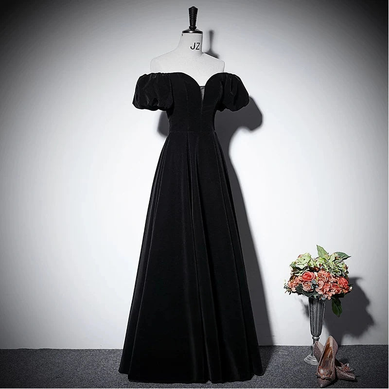 Off The Shoulder Black Velvet Formal Prom Dress  P2706