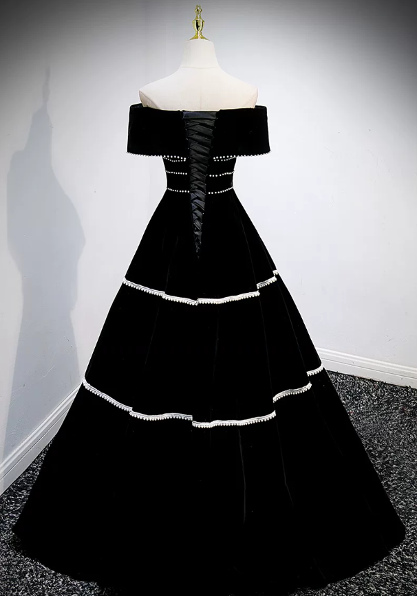 Off The Shoulder Black Velvet Prom Dress Pearl Beaded Birthday Gown  P1259