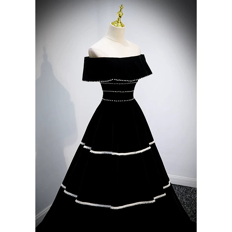 Off The Shoulder Black Velvet Prom Dress Pearl Beaded Birthday Gown  P1259