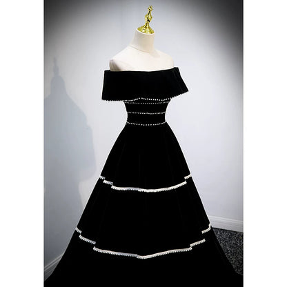 Off The Shoulder Black Velvet Prom Dress Pearl Beaded Birthday Gown  P1259