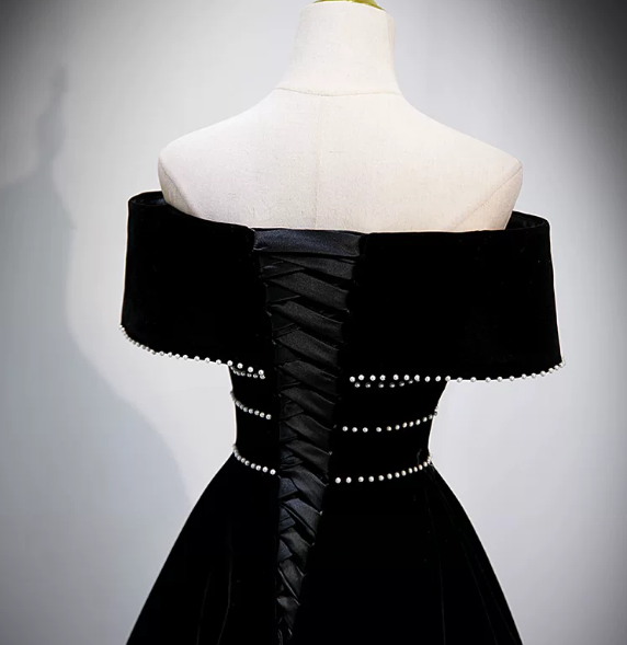 Off The Shoulder Black Velvet Prom Dress Pearl Beaded Birthday Gown  P1259