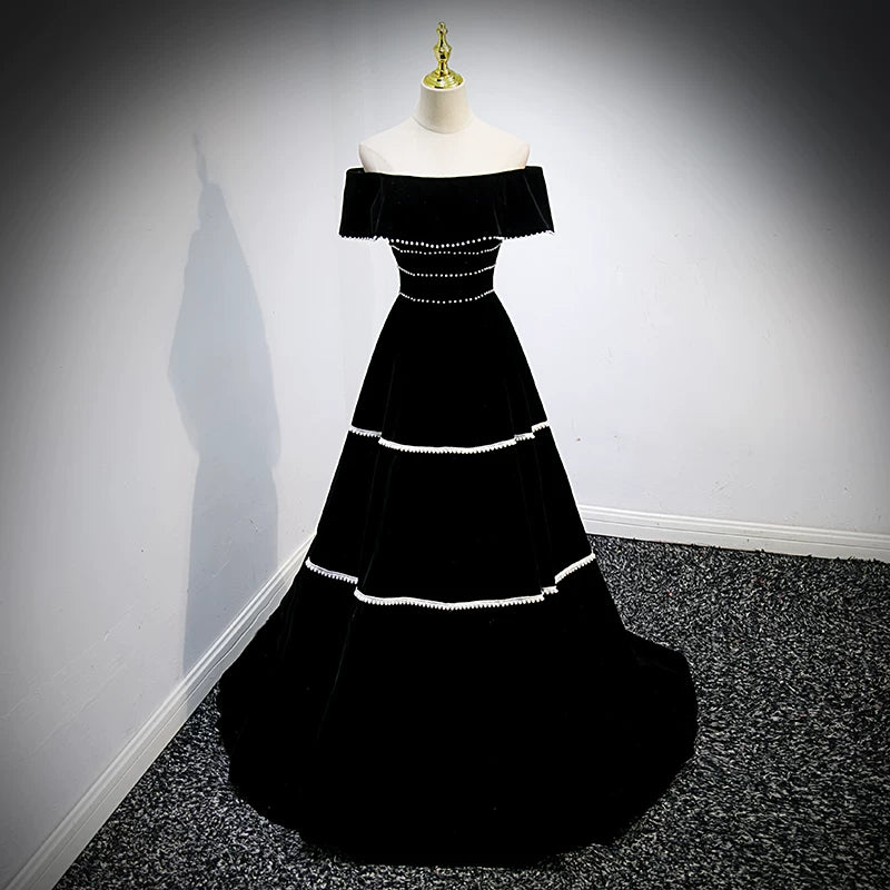 Off The Shoulder Black Velvet Prom Dress Pearl Beaded Birthday Gown  P1259