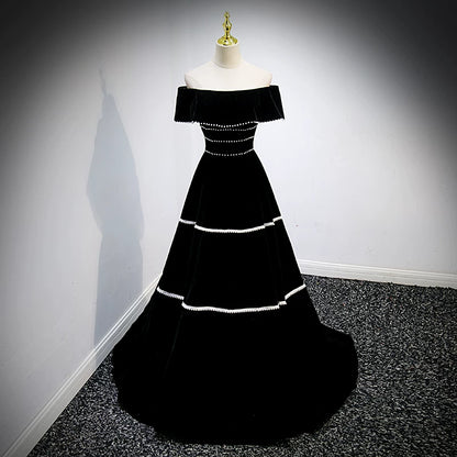 Off The Shoulder Black Velvet Prom Dress Pearl Beaded Birthday Gown  P1259