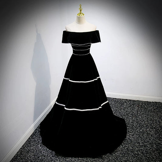 Off The Shoulder Black Velvet Prom Dress Pearl Beaded Birthday Gown  P1259